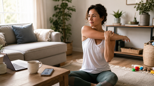 A woman doing a calm stretching routine at home as part of a low-stress cortisol workout.