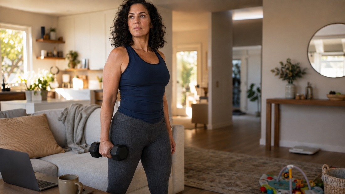 A woman in her late 30s holding a dumbbell at her side in her living room, mid strength training session at home.
