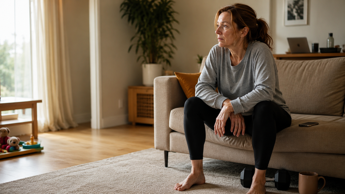 A woman in her late 40s partway through a short strength workout at home during perimenopause.
