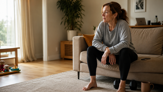 A woman in her late 40s partway through a short strength workout at home during perimenopause.