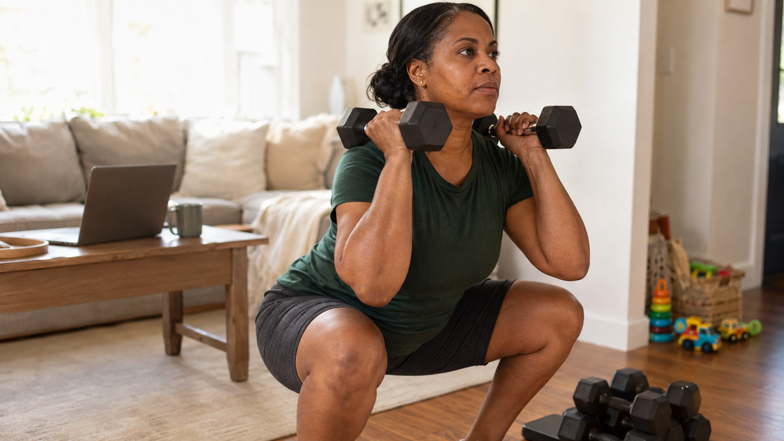 A woman in her early 40s mid dumbbell squat in her living room, building muscle at home without a gym.