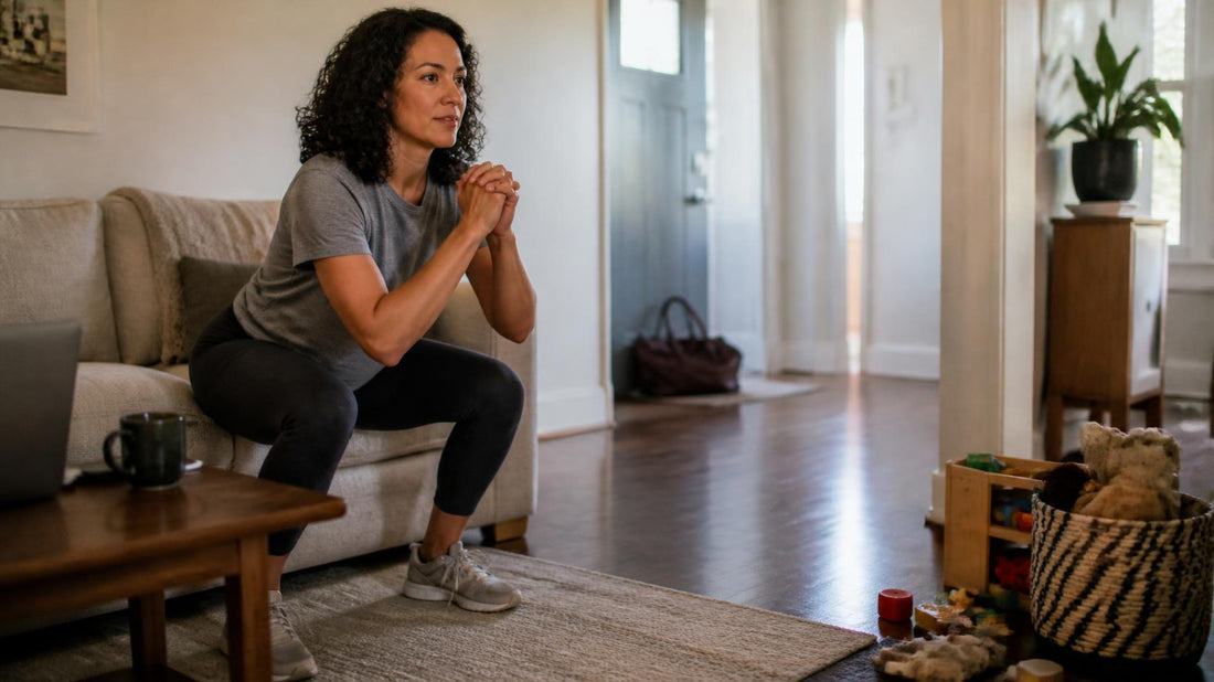 Woman starting to work out again at home, doing a slow bodyweight squat in her living room.