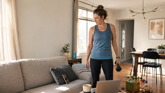 A woman in her mid 50s holding a kettlebell in her living room, starting a strength training session at home.
